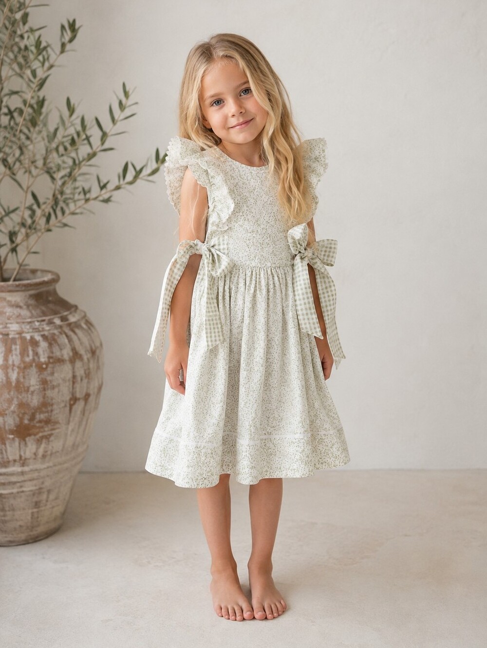 Edgehill Collection Girls 6X Sage Floral Gingham Bow Ruffle Heirloom Dress